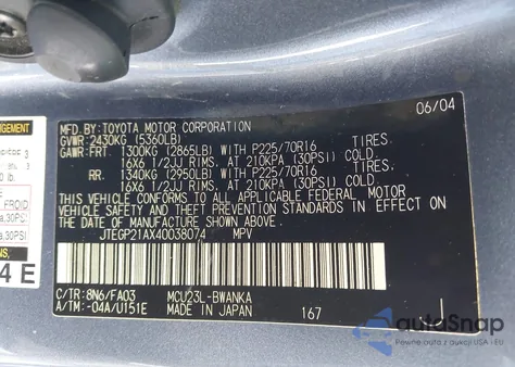 2004 Toyota Highlander V6 from USA, damaged, VIN JTEGP21AX40038074